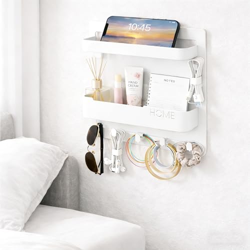 JWShang Bedside Wall Shelf - Adhesive Nightstand Organizer with Hooks and Cable Clips for Earphone Key Remote, Wall Mounted Storage for Bedroom, Dorm, RV, Rental (White) - color: White