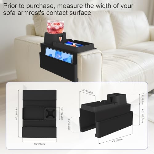 KindGa Couch Cup Holder Tray,Silicone Couch Arm Cup Holder,Couch Arm Organizer for Sofa Drinks/Phone/Remote/Snacks,Couch Armrest Recliner Armchair Caddy - Black - color: Black