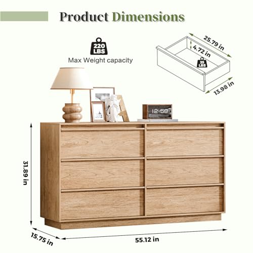 Ieejdn 55.12" Modern Chest of Drawer, 6 Deep Drawers,Clothes Organizer,Large Storage Cabinet for Living Room, Bedroom,Dresser TV Stand, Wood Drawer Organizer for Living Room, Hallway, Oak - color: Oak, size: 15.8"D x 55.1"W x 31.9"H (6 Drawers)