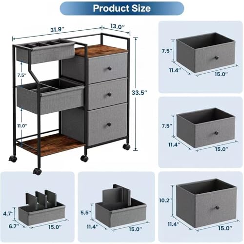 PandaEar Baby Diaper Caddy Organizer and Storage, 3-Tier Rolling Nursery Cart with Drawers & Dividers, Mobile Utility Storage Cart with Wheels for Baby Essentials, Bedroom, Changing Table, Darkgrey