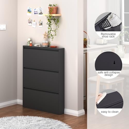 LUCYPAL Slim Shoe Cabinet,Metal Shoe Storage Cabinet for Entryway with 3 Flip Drawers,Narrow Wall Shoe Cabinet for Entryway,Hallway,Living Room,Black,Require Assembly - color: Black, size: 3 Drawers