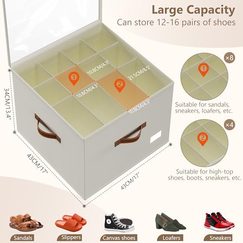 Vincona Shoe Organizer for Closet,2 Pack Shoe Storage Bins Foldable Shoe Storage Box Containers with Clear Cover and Sturdy Handles,Shoe Rack for Closet Storage for Sneakers Heels Slippers (Beige) - color: Beige, size: Large