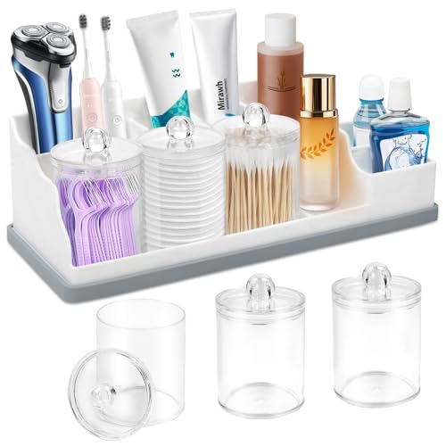 Bathroom Counter Organizer, Large White Silicone Toothbrush Holders for Bathrooms Organizer Countertop with 3PCS Qtip Holder, Toothbrush and Toothpaste Holder for Bathroom Organization Storage Vanity - color: White Grey With 3pcs Clear Dispenser