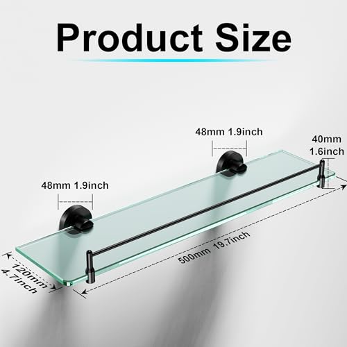 20 Inches Glass Shelves for Bathroom, Matte Black Floating Glass Shelf Stainless Steel Tempered Glass Bathroom Shelves for Wall Mount Modern - color: Matte Black, size: 20"with railing