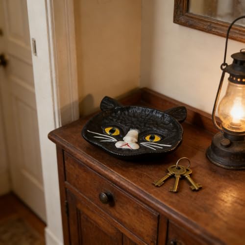 Black Cat Cast Iron Key Dish, Decorative Hand-Painted Key Holder Tray, Multi-Purpose Rustic Storage Organizer Tray for Keys, Jewelry & Small Accessories, Ideal for Entryway