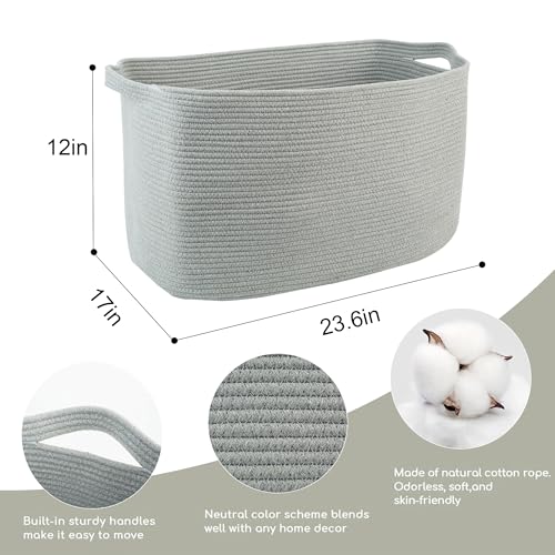 MEGASKET Extra Large Rectangle Storage Basket, 23.6" x 17" x 12" Gray Blanket Storage for Living Room, Large Soft Woven Cotton Rope Bin for Organizing, Kids Dog Wicker Toy Box Organizer - color: Gray, size: 23.6"x17"x12
