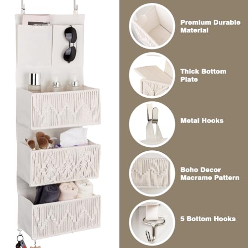 ANTIS'S HOME Over The Door Organizer Boho Bedroom Decor Nursery Storage with 3 Large Woven Pockets, Macrame Nursery Organizers and Toys Storage, Behind Door for Bathroom, Beige Back of Door Organizer - size: Beige-3 Pockets