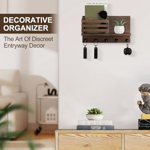 Key Holder Wall Mount, Mail Organizer for Wall with 5 Square Rustic Key Hooks Key Shelf Farmhouse Home Decor for Entryway - color: Brown