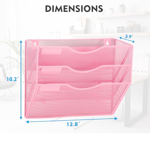 EASEPRES Magnetic 3 Pocket Mesh Hanging Wall File Organizer, Wall Mounted Mail Paper Document Folder Holder, Clipboard Storage Magazine Rack with Nametag Label for Office Home School, Pink - color: Pink, size: 3 Tier Magnetic