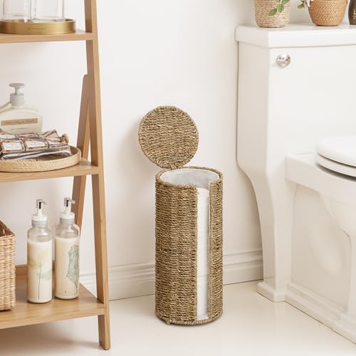 StorageWorks Seagrass Free Standing Toilet Paper Holder Stand for Bathroom, 3 Rolls of Toilet Tissue Storage with a Built-in Cloth Lining, Toilet Roll Holder Stand with Lid - color: Natural（seagrass）, size: 6¾"D(For 3 Roll)
