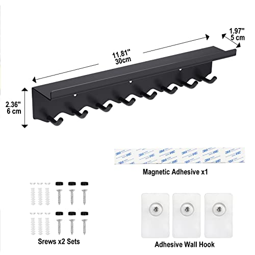 Volnamal Key Holder Wall Mount, Magnetic Key Hooks and Mail Organizer Tray with 8 Hooks, Adhesive Key Rack Hanger for Entryway, Refrigerator, Black