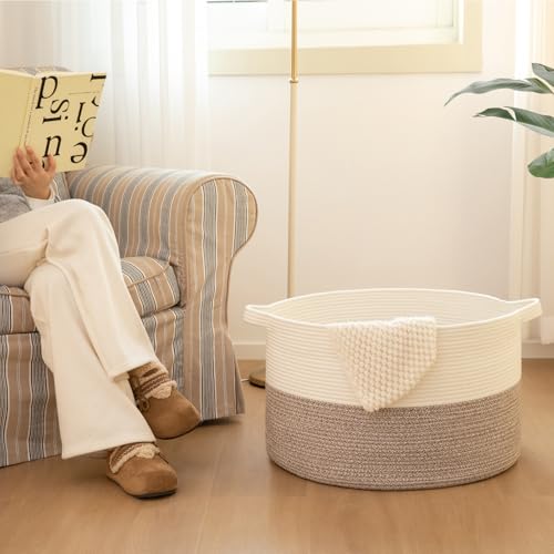 OIAHOMY Large Blanket Basket for Living Room, 19.7" x 12.6" Woven Cotton Rope Laundry Basket for Organizing Pillows, Decorative Stuffed Animal Toy Storage Bin for Nursery, White and Linen Brown - color: White and Linen Brown, size: 19.7"D x 12.6"H