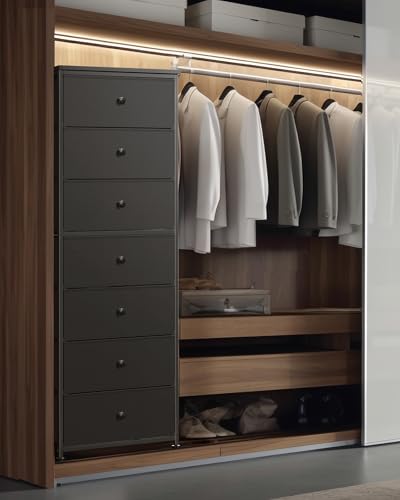 Mifuro Tall Fabric Dresser for Bedroom, Vertical Storage Organizer Tower with 7 Drawers, Chest of Drawers with Bins, Steel Frame, Wood Top for Bedroom, Closet, Entryway Black - color: Black, size: 7 Large Drawers