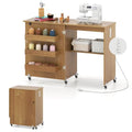 Giantex Folding Sewing Table with Charging Station, Rolling Craft Table with Storage Trays & Shelf, Foldable Sewing Machine Cabinet Desk with Lockable Wheels for Small Spaces (Natural) - color: Natural