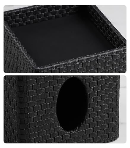 Square Tissue Box Cover, Stylish Leather Tissue Box Holder with Storage Tray, Decorative Tissue Rack Storage Box for Living Room, Bedroom, and Office Desk(Black Woven Pattern) - color: Black Woven Pattern
