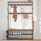 AMBIRD 6-in-1 Bamboo Hall Tree with Shoe Storage, Entryway Organizer Shoe Bench with 16 Coat Hooks and Cloth Bag, Sturdy Bamboo Storage Bench, 46 * 15 * 70 inches Brown - style: Classic, 47''L