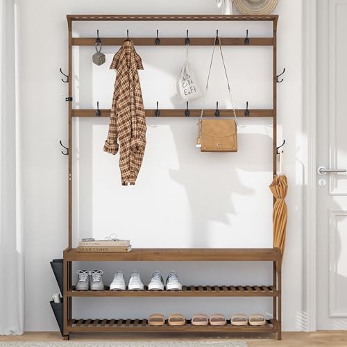 AMBIRD 6-in-1 Bamboo Hall Tree with Shoe Storage, Entryway Organizer Shoe Bench with 16 Coat Hooks and Cloth Bag, Sturdy Bamboo Storage Bench, 46 * 15 * 70 inches Brown - style: Classic, 47''L