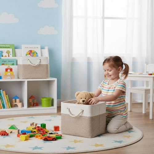 Cube Storage Bins, Collapsible Fabric Storage Cubes Bins, 11 Inch Cube Storage Bins with Handles, Foldable Storage Cubes (White/Beige, 6Pack) - color: white beige