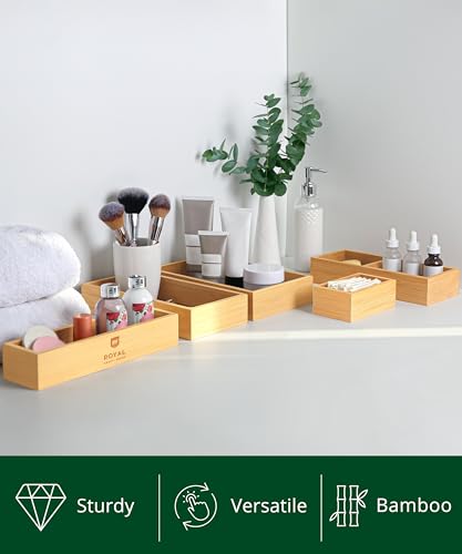 ROYAL CRAFT WOOD 5-Piece Bamboo Drawer Organizer Set – Multi-Use Storage Trays for Kitchen, Bathroom, Office, Makeup, Jewelry & More – Junk Drawer Tray, Utensil Holder, Storage Box & Bin Set (5 Boxes)