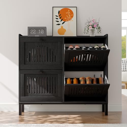 4-Door Flip Front Shoe Cabinet with Adjustable Shelves – Hidden Entryway Storage Organizer for Hallway, Foyer, Living Room – Freestanding Wooden Shoe Rack with Large Capacity & Modern Design, Black - color: Black, size: 9.45"D x 41.34"W x 37.9"H