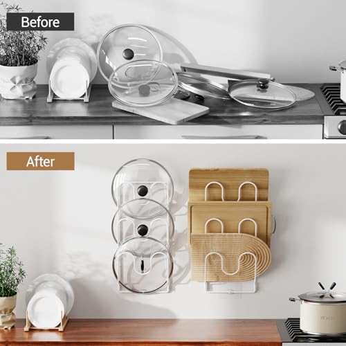 ORDORA 2 Pack Pot Lid Organizer Rack for Cabinet Door, 6-Tier Pot Lid Holders inside Cabinet, No Drilling Adhesive Wall Door Mounted Rustproof Pots and Pans Cover Organizers for Kitchen Storage, White - color: White