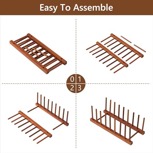 HBlife 4pcs Teak Dish Drying Rack Plates Holder Stand Kitchen Storage Cabinet Organizer for Dish/Plate/Bowl/Cup/Pot Lid/Cutting Board (8 Slots) - color: Teak 8 Slots 4pcs