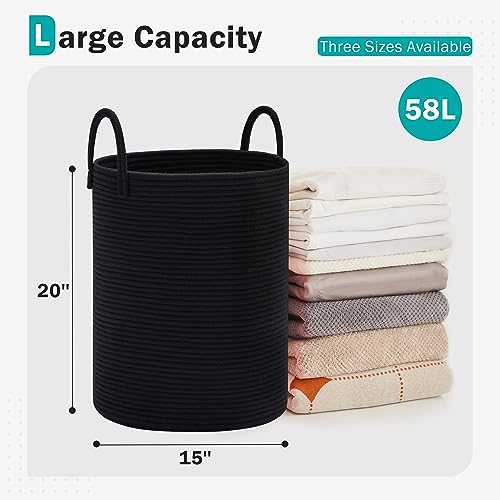 Cotton Rope Laundry Hamper by YOUDENOVA, 58L - Woven Collapsible Laundry Basket - Clothes Storage Basket for Blankets, Laundry Room Organizing, Bedroom Storage, Clothes Hamper – Black - color: Black, size: 58L
