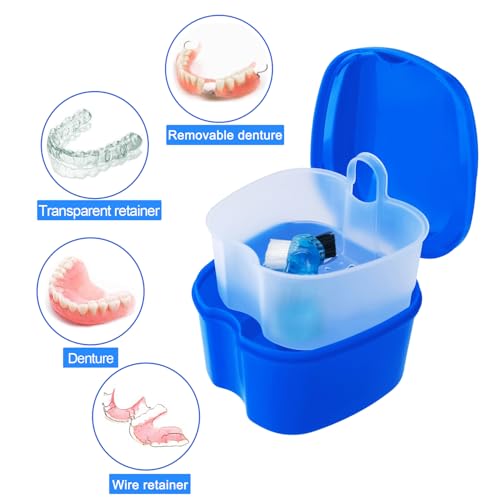 Dental Retainer Cup Holder Mouthguard Cleaning Case with Strainer Basket, Denture Bath Box Storage Cup Holder for Travel Cleaning - Dark Blue - color: Dark Blue