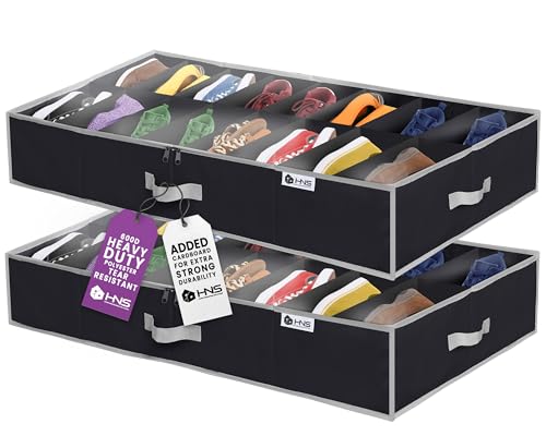 Under Bed Shoe Storage Organizer - Set of 2 – TEAR-RESISTANT Heavy Duty 600D Material - Fits All Styles Mens and Women's Shoes, Up to 32 Pairs - Extra-Strong Zipper - Black-Perfect for College Dorms - color: Black, style: Set of 2