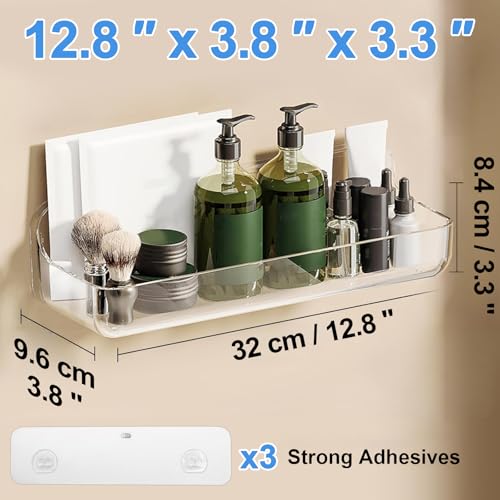 Diesisa 2pc Acrylic Wall Mount Organizer, Adhesive Shelf, Bathroom Shelves for Wall, Self Adhesive Organizer, Shower Caddies, No Drilling Hang Wall,with 3pack Tapes, for Bathroom, Kitchen, Living Room - color: 2pcs-clear