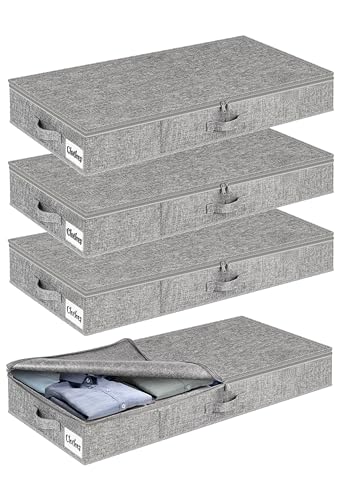 Under Bed Storage Container Bin 4 Pack, 4.5 Inch Slim Low Profile Underbed Clothes Storage Organizer for Dorm & Home, Use for Blanket and Toy Storage Box W/ Sturdy Bottom/Sides, Foldable Thick Fabric - color: Grey-4 Pack, size: 4.5in-Slim