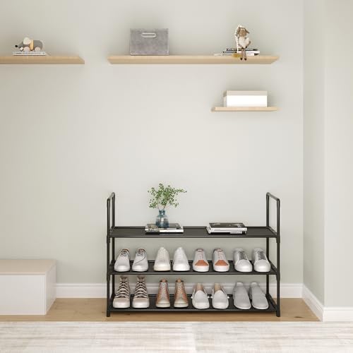 3-Tier Shoe Rack, Stores 12-15 Pairs of Shoes, Stackable & Adjustable, Space Saving Shelf Storage Organizer for Entryway, Hallway and Closet,Black