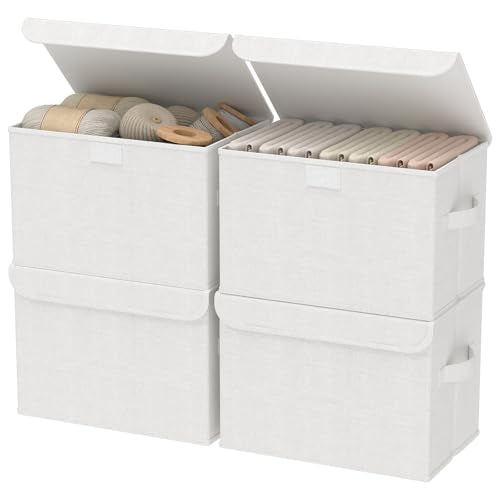 Fabric Storage Bin with Lid, Closet Boxes with Cover, Collapsible Stackable Organizer Basket with 2 Handles, for Home and Bedroom, 4 Pack, White, 10.2 x 7.9 x 6.7 In, XSNY12WS-4 - color: White, size: Small（4 Pack）