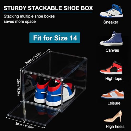 12 Pack Shoe Boxes, Clear Acrylic Stackable Plastic Sneaker Box Container, Magnetic Drop & Side Open Shoe Organizer Case Container With Lids Fits Up to Size 14 (Clear) - color: Clear