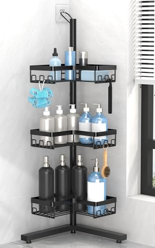 KEGII Standing Shower Caddy Corner, 3 Tier Adjustable Shelves Rustproof Floor Shower Organizer with 18 Hooks and Adjustable Feet, Bathroom Corner Shelf Rack, Black