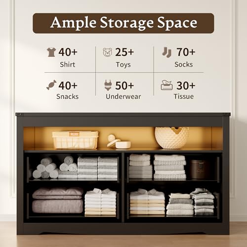 Dresser for Bedroom with 4 Drawers, Farmhouse Chest of Drawers with Natural Texture and LED Lights, Wide Wood Rustic Closet Storage Organizer, Modern Dresser TV Stand for Living Room, Entryway, Black - color: Black, size: 13.8"D x 47.2"W x 29.5"H (4 Drawe