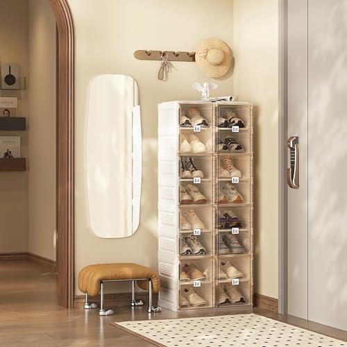 ANTBOX Shoe Organizer Storage Box, Portable Folding Shoe Rack For Closet With Magnetic Clear Door,Large Sneaker Cabinet Bins Sturdy Easy Assembly 8 Layers-16 Grids - size: 8 Layers-16 Grids