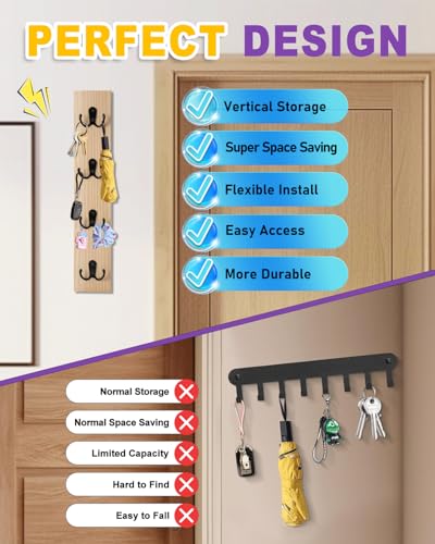 UCEC Wooden Key Holder Wall Mount with Hooks, Vertical Key Holder for Wall Organizer for Keys, Wallets, Mail – Space-Saving Key Rack Wall Mount for Entryway, Living Room, or Garage – Natural Wood - color: Natural Wood Color