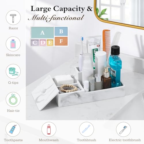 Luxspire Bathroom Counter Organizer, Marble Toothbrush Holder for Bathroom 6 Slot, Bathroom Vanity Organizer with Lid, Bathroom Organizer Countertop for Cotton Ball, Q-Tips, Floss, Gravel White - color: Gravel White, size: 6 slots
