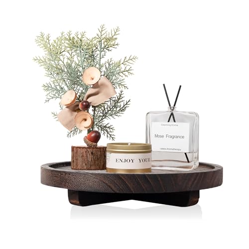 Round Decorative Tray Wood Bathroom Counter Organizer Farmhouse Kitchen Decor Wooden Riser for Soap Dish, Perfume, Candle, Sponge, 8" - Bark Brown - color: Dark Brown, size: 8"