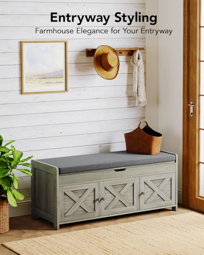 Pipishell Shoe Storage Bench, 2-Tier Shoe Bench with Cushioned Seat, Entryway Bench with Adjustable Shelf & Barn Doors, 300 lbs Capacity, 39.4" x 15" x 18", for Entryway, Bedroom, Living Room, Gray - color: Grey, size: 3 doors- 39.4" W x 15" D x 18" H