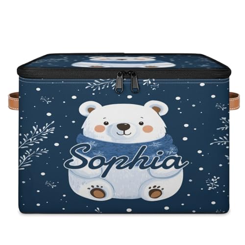 Custom Storage Basket with Name, Personalized Storage Bins with Zipper Lid, Foldable Fabric Storage Box Large capacity with Handle Snowflake White Bear - color: Option 1