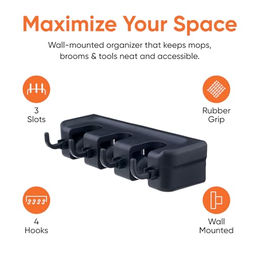 Superio Mop and Broom Holder Wall Mount Storage Organizer for Kitchen, Garage, Garden, 3 Slots (2 Pack, Black) - color: Black, size: Medium, 2-pack