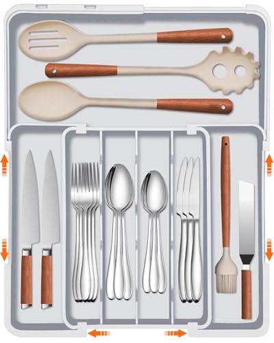 Spaclear Expandable Silverware Drawer Organizer - 7 Compartments BPA-Free Kitchen Utensil Tray, Adjustable 12.6”×9.5" to 19"×15.2", Cutlery Drawer Organizer, Gray - color: Grey, size: M(9.5-15.2"W x 12.6-19"D)