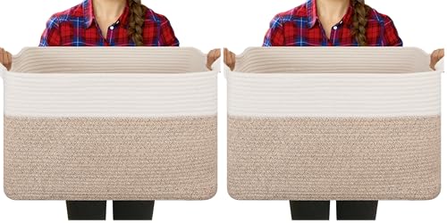 OIASKET Blanket Basket for Living Room, Cotton Rope Basket for Storage, Toy Baskets Bin for kids, Woven Baskets with Handles for Clothes, Towels, Pillows, 20" x 16" x 12", Brown and White (Pack of 2) - color: Brown & White, size: 19.7"x15.8"x11.8" (Pack o