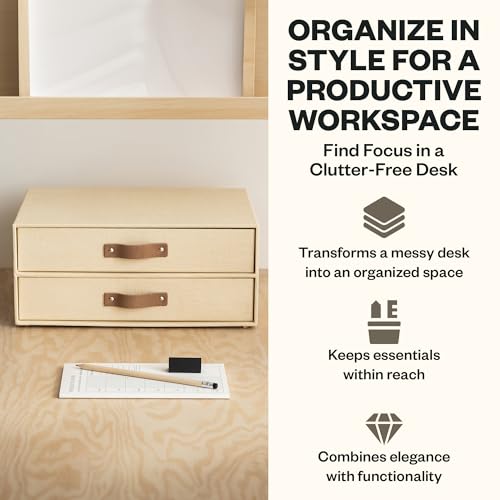 Bigso Birger 2 Drawers - Desktop Drawers for A4 and Letter Size Papers and Documents - Tabletop Drawers with Leather Handles - 13.1 in x 10 in x 5.7 in - Cream - color: Cream