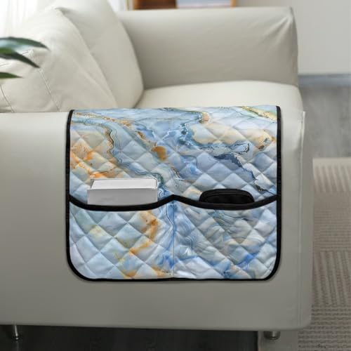 Blue Gold Marble Print Couch Arm Covers with 2 Side Storage Pockets, Anti-Slip Armrest Cover for Sofa, Chair, Loveseat, Recliner Arm Covers - color: Blue Gold Marble