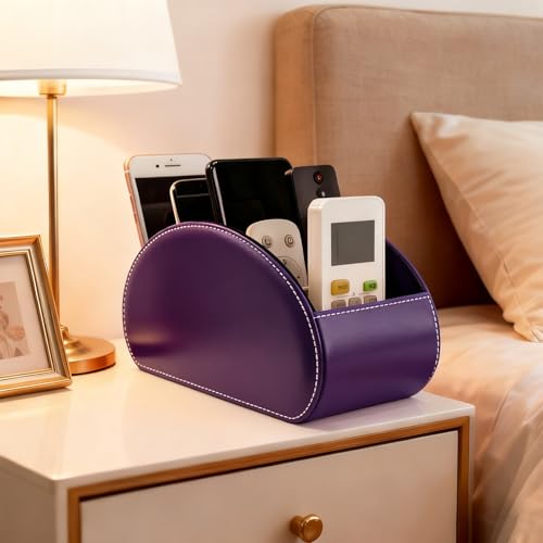 Remote Control Holders Organizer Box with 5 Compartment PU Leather Multi-functional Office Desk Storage Caddy Store Tv Remote for Media Player,Brush,Pencil,Glassees&Office Supplies (Dark Purple) - color: Dark purple, size: M