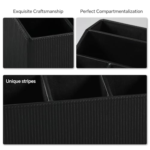 Remote Control Holder with 5 Compartments for Office Art Supplies, PU Leather Nightstand Organizer Pencil Pen Desk Caddy for Home, Desktop TV Remote Control Organizer Storage (Striped Black) - color: Striped Black