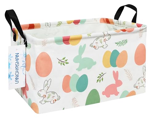 LANGYASHAN Rectangular Storage Bin Collapse Canvas Fabric Cartoon Storage Basket with Handles for Organizing Home Kitchen Boys and Girls Toys Office Closet Shelf Baskets (Rec Rabbit Easter Egg) - color: Rec Rabbit Easter Egg